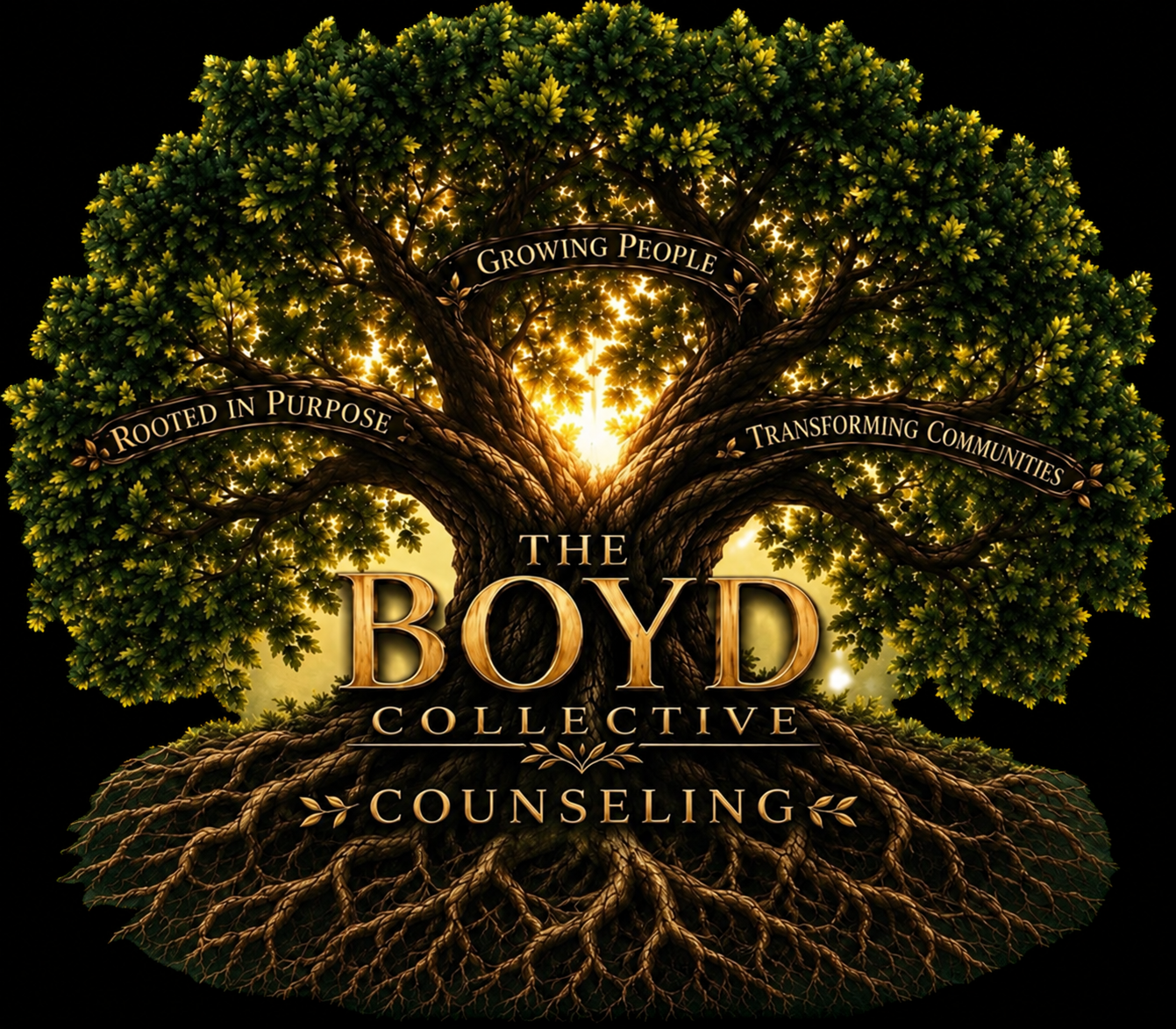 The Boyd Collective Counseling tree with gold light, exposed roots, and Rooted in Purpose, Growing People, Transforming Communities on its branches