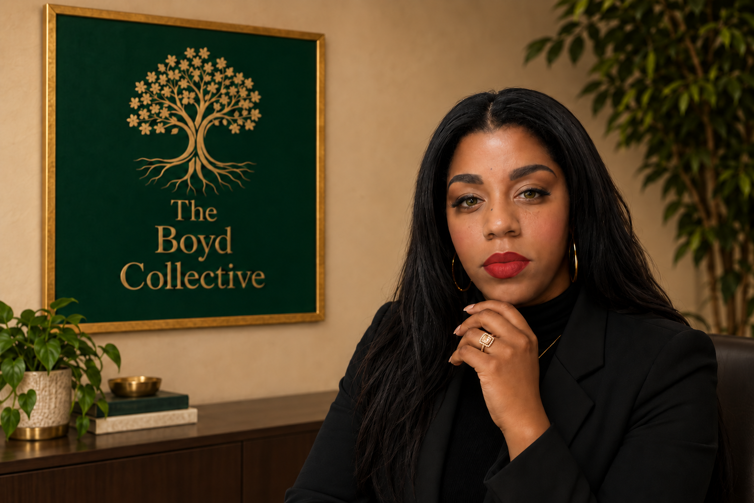 Asia Boyd with green eyes and red lips, beside the fully visible framed The Boyd Collective sign